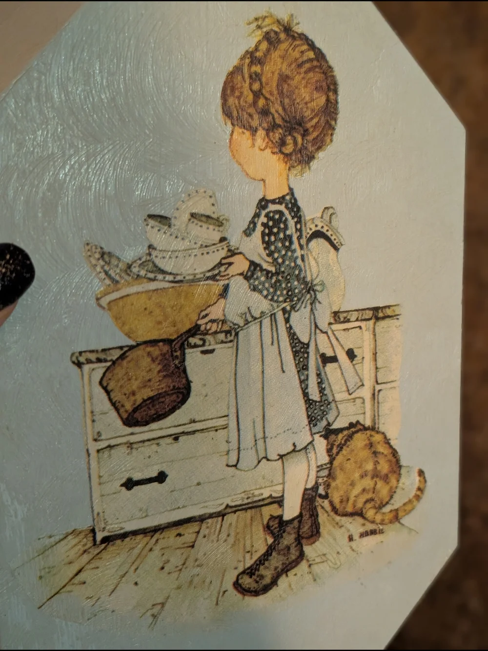Vintage Hand Painted and Decaled Vintage 1970s  Girl and Cat Wooden Box